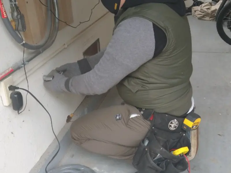 Electrician performing outlet wiring in a Ralpho garage